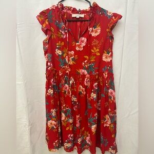 LOFT Red Floral Dress with Ruffle Neckline